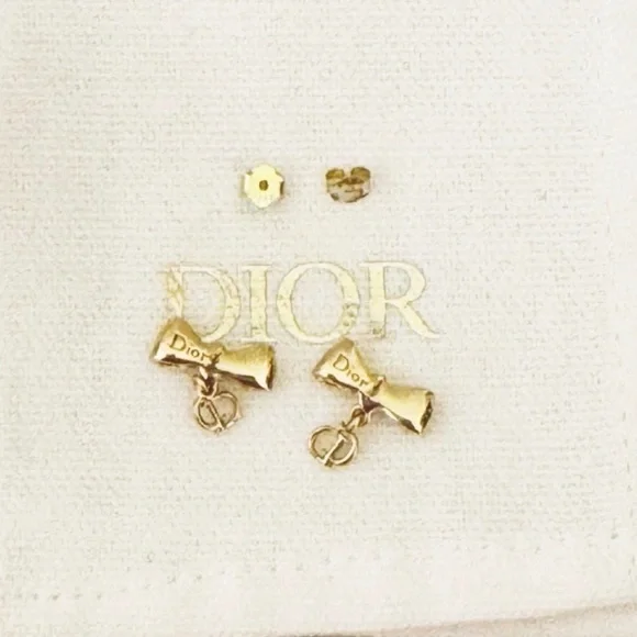 Dior Gold Bow Earrings with Logo Charm